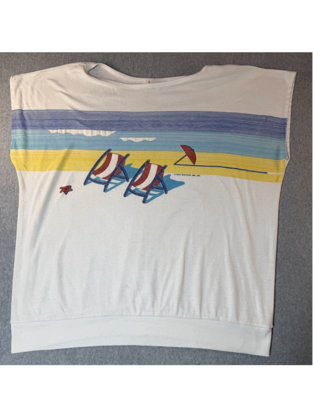 Vintage 80s Jane Colby Womens Oversized Beach Graphic Dolman Batwing Top Retro